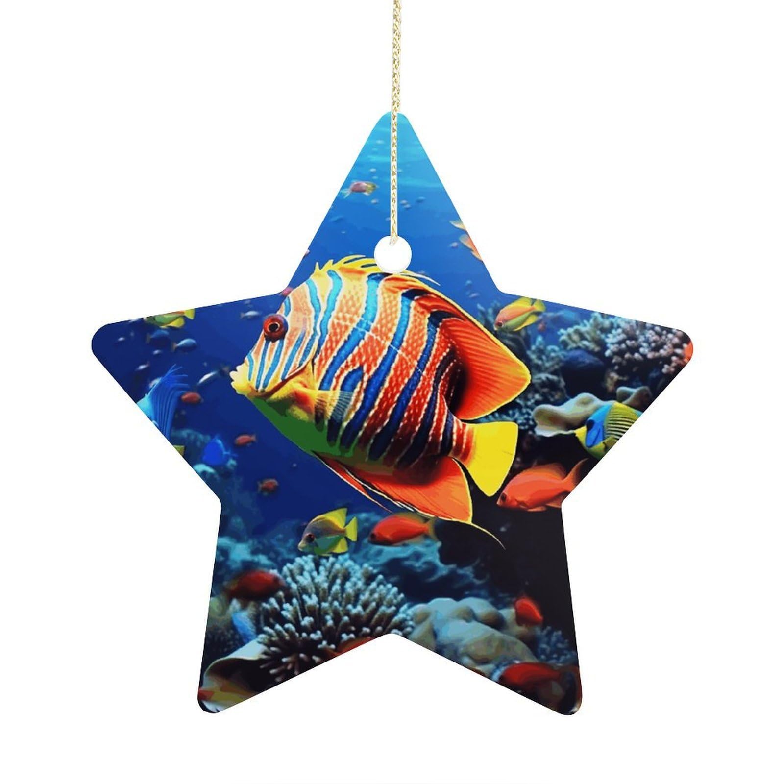 Sea Fishes Stars Ornaments Ceramic Christmas Tree Hanging Light in Weight Christmas Star Pendants Funny Double-Sided Printed Xmas Ornaments for Gifts