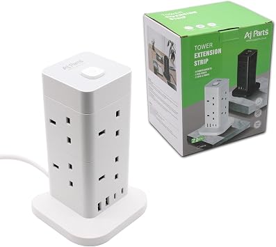 Tower Extension Lead with USB Slots 2M, 8 Way Outlets Multi Plug Extension Tower with 4 USB Slots (2 Type C & 2 USB Ports), Surge Protector Long Extension Lead tower for Home, Office WHITE