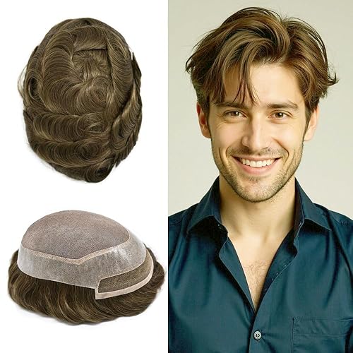 Miniatura 19 de Toupee - Sistema de cabello humano de repuesto con encaje frontal para hombre, extensiones de pelo tipo tupé mono PU para hombres
