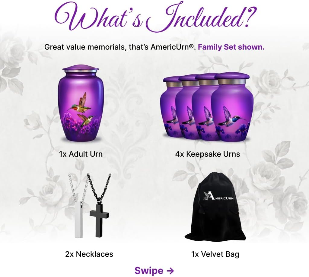 Set of 6 Hummingbird Decorative Funeral Urns for Ashes Adult Male & Female Includes 1 Large Urn with 4 Small Keepsakes & 1 Silver NecklaceUrn (Hummingbird Large Set, Urns) - Image 3