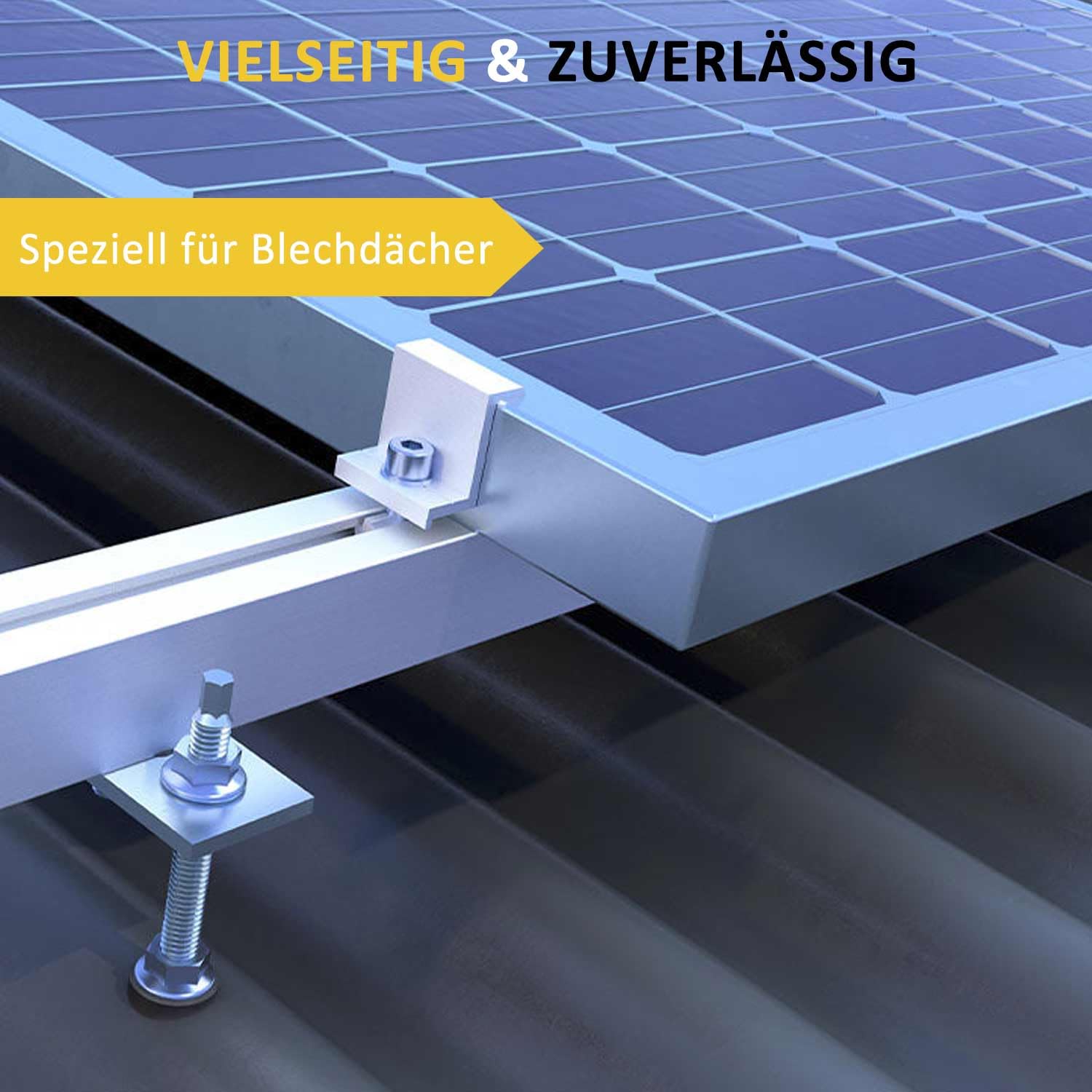 PV Halterung Blechdach Montageset – Balkonkraftwerk – inkl. 200 mm Stockschrauben M10, EPDM-Dichtung, 1,25 m Aluschienen & Modulhalter – für Trapez- & Wellblech