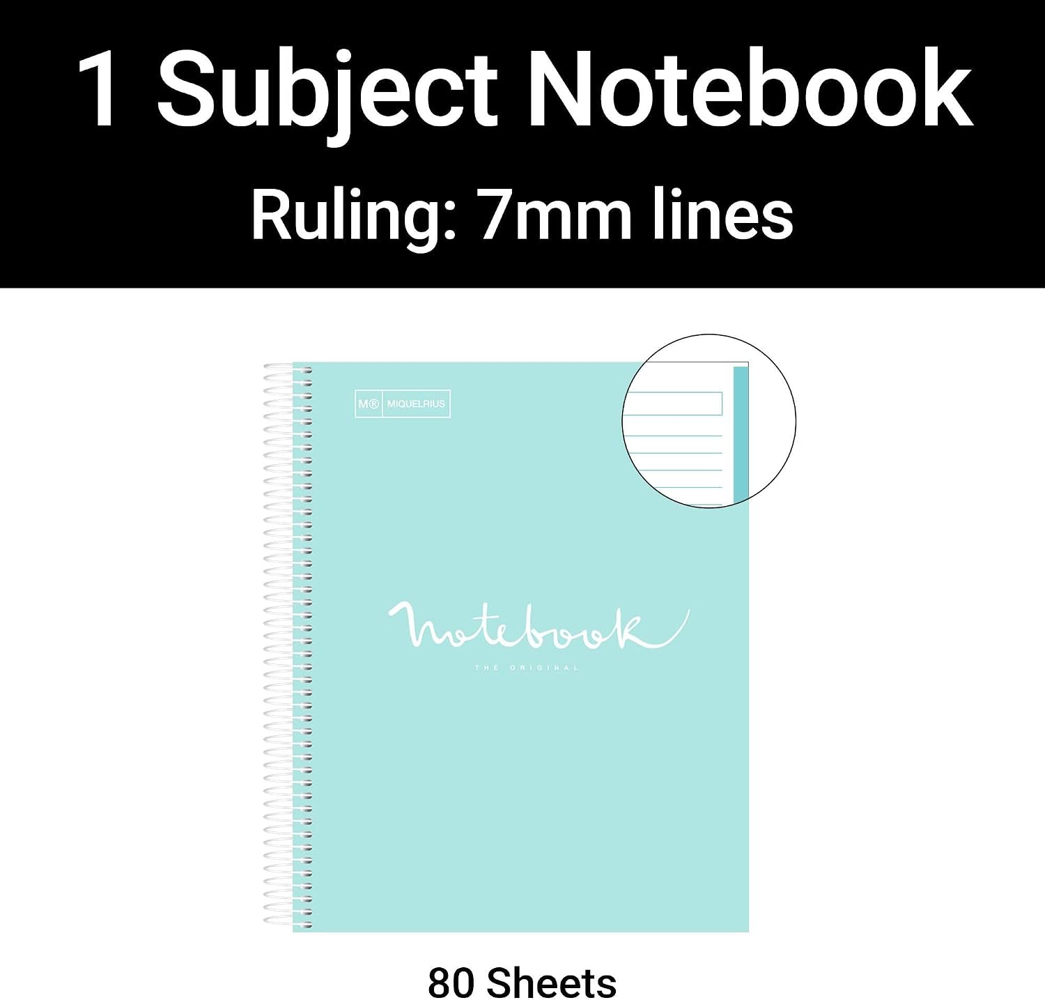 Miquel Rius Case of 5 M Emotions 1 Subject Notebooks, Lined 11" x 8.5", 80 Sheets Heavy Weight Paper, 3 Hole Punched, Micro-Perforated, Sky Blue Board Cover