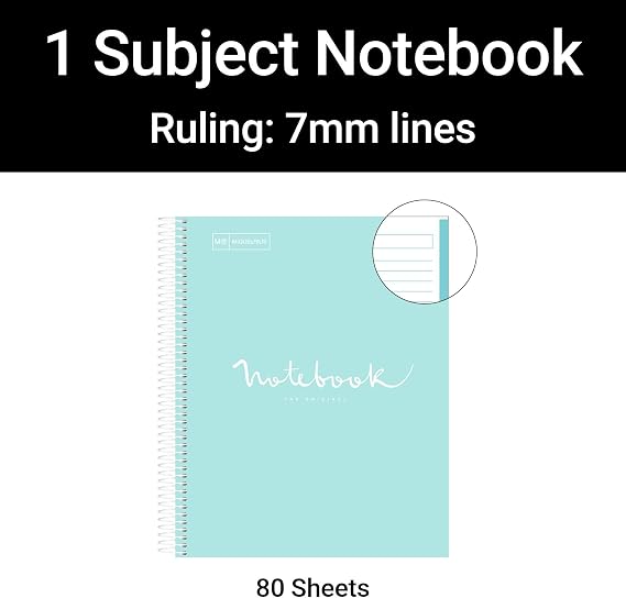 Miquel Rius Case of 5 M Emotions 1 Subject Notebooks, Lined 11 x 8.5, 80 Sheets Heavy Weight Paper, 3 Hole Punched, Micro-Perforated, Sky Blue Board Cover