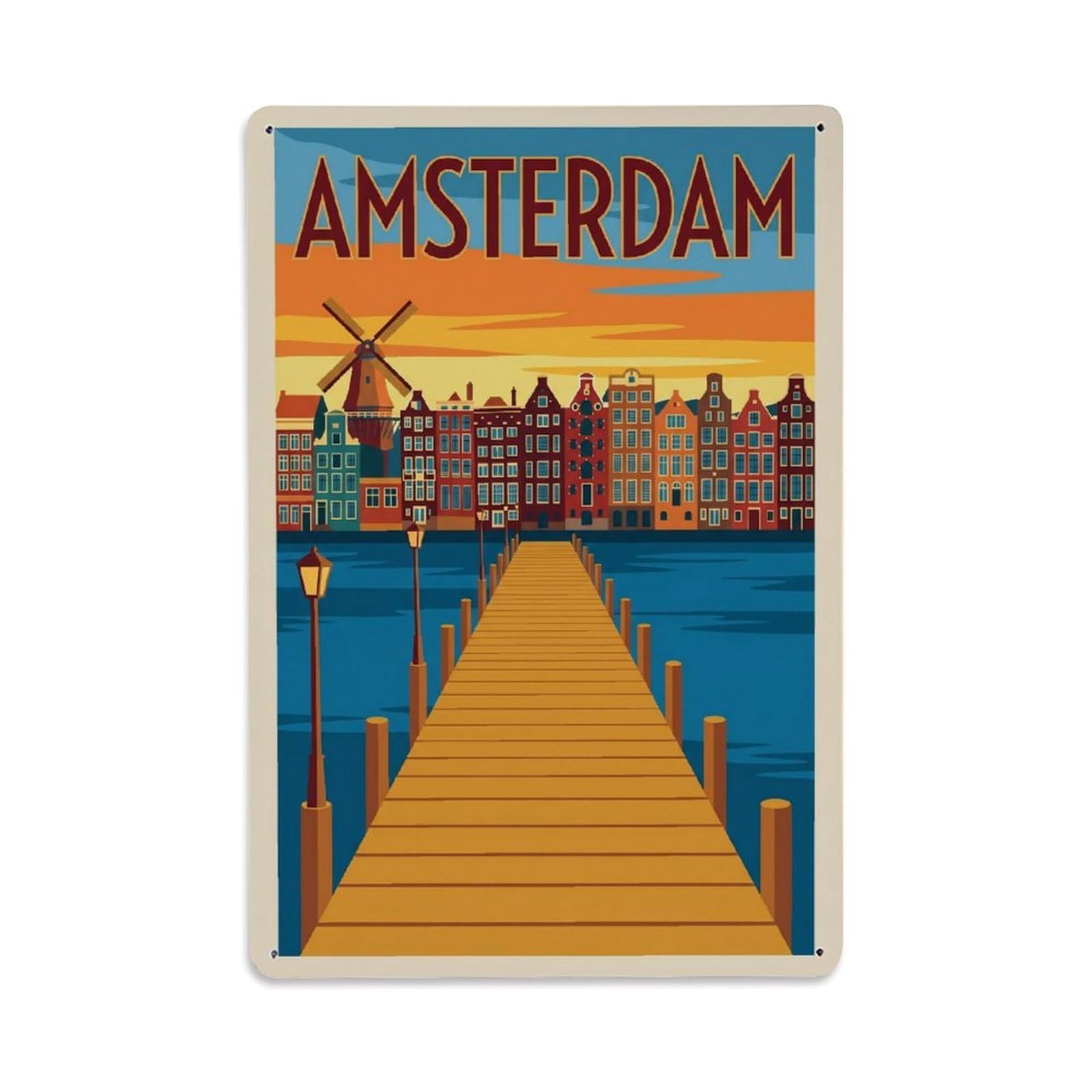 Okngb Style Classic Canal Harbor Amsterdam Travel Quay Waterway Metal Tin Sign Plaque Wall Decor For Cafe, Man Cave, Club Bar, Office, Home Garden Round Metal Poster 8X12inch