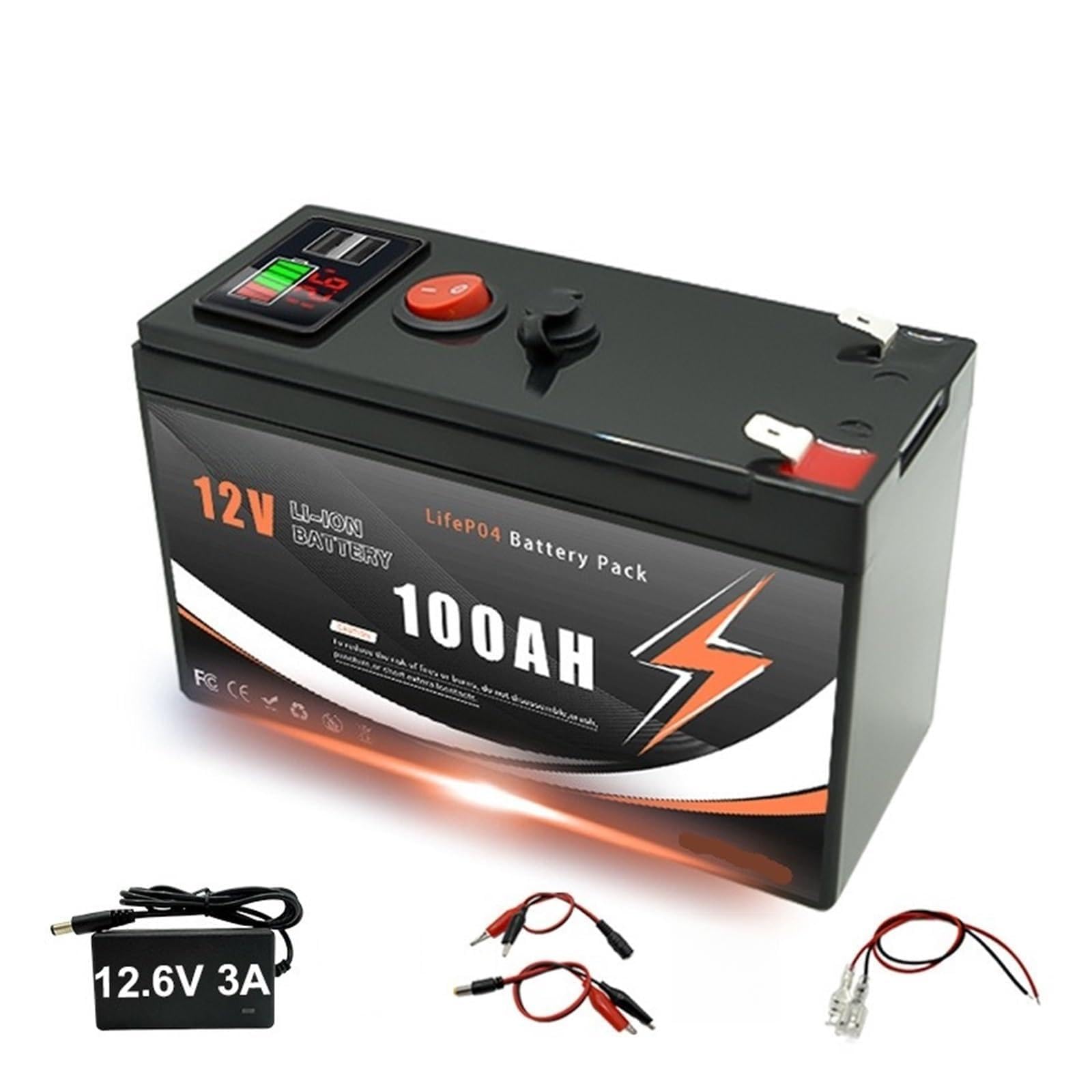 Batteria A Ciclo Profondo 12V 60/80/100/120/150Ah | Pacco batteria agli ioni di litio con display e doppia porta USB BMS integrato(12V 100Ah)