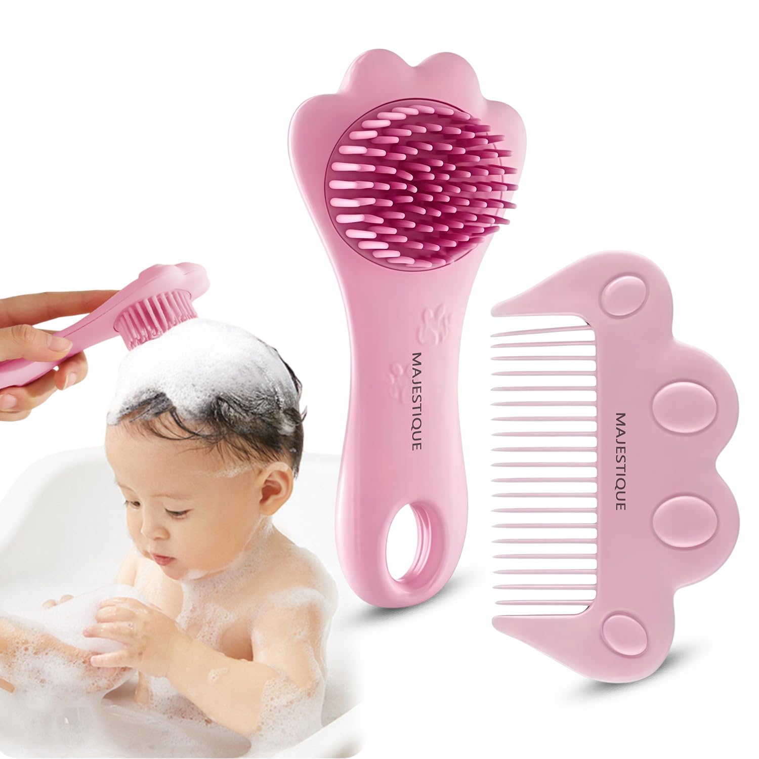 MAJESTIQUE Baby Hair Brush & Comb Set for Newborns & Toddlers | Ultra-Soft Silicone Scalp Massager Hair Brush & Gentle Detangler Hair Comb | BPA-Free Baby Grooming Kit | Easy-Grip Handle- 2Pcs. (PINK)-image-14