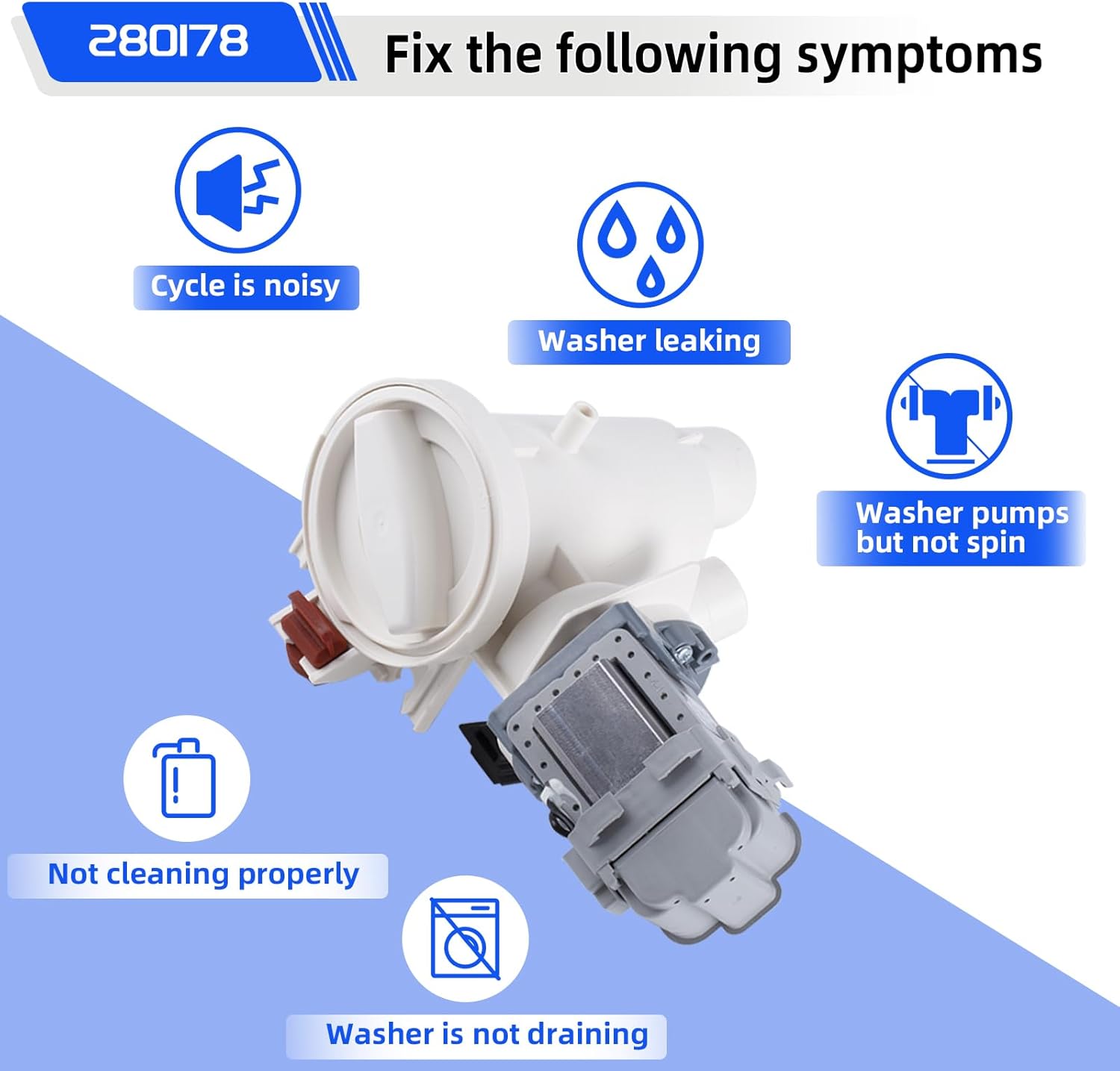 280187 8181684 1200164 Washer Drain Pump Assembly for Kenmore Whirlpool, Replaces 285998 8182819 8182821 46197020148 461970201671 461970228511 461970228512 461970228513 AP3953640 PS1485610