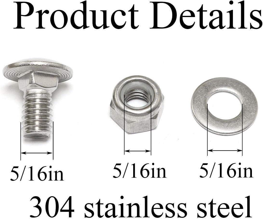 8 Sets Stainless Steel Carriage Bolt 5/16"-18 x 5/8 Carriage Bolts with 5/16 Nuts and Washers Self Locking Nonskid Nylon Lock Nut