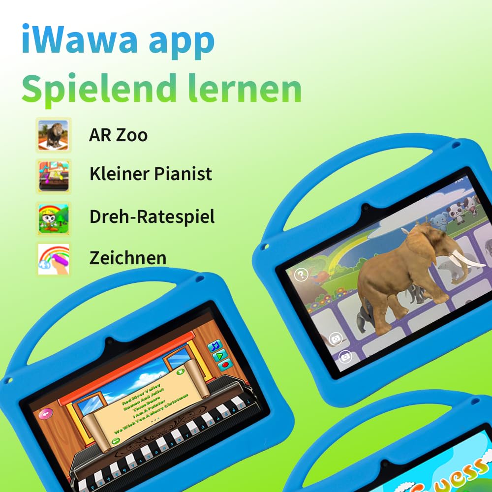 Veidoo 7-Zoll-Android-Tablets für Kinder, 2 GB RAM, 32 GB ROM, aiwawa Apps Elternsteuerung, Lernspiele, WLAN, Dual-Kamera, Silikonhülle (blau)