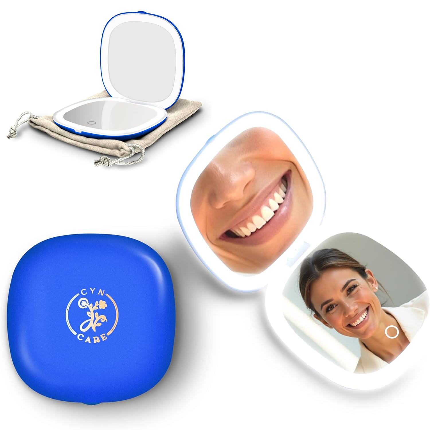 LED-Kompaktspiegel - 1x & 10x Vergrößerung | Reise-Make-up-Spiegel mit verstellbarer Beleuchtung | Hand- & Taschenformat tragbarer Spiegel mit Schutztasche (Blau)