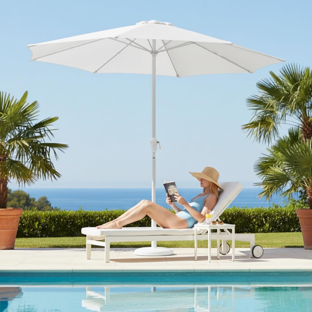 LOLAhome Parasol +RESISTENTE, circular, mástil fijo Ø48mm de aluminio, con Antiviento y Manivela, Elegante y Duradero, tratamiento Anti-corrosión, Para Exterior, Jardín - Tessa Alba