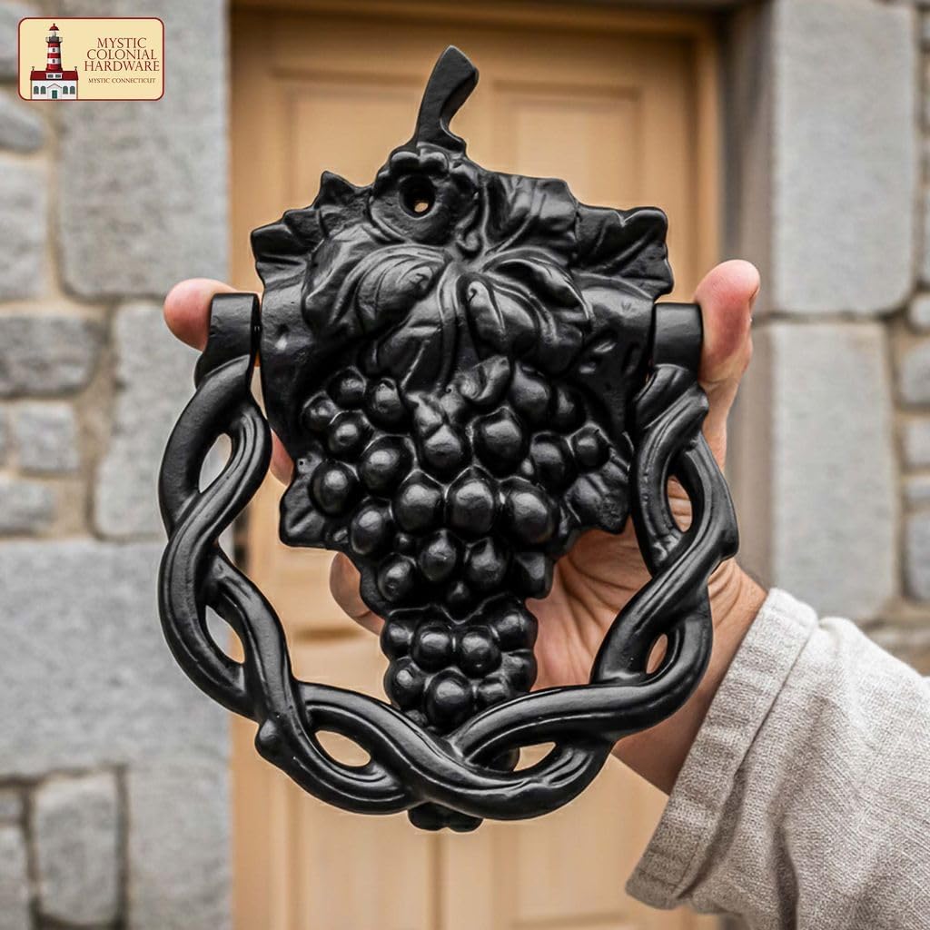 Mystic Colonial Cast Iron Front Door Knocker, Grape Vine Style Door Knocker with Mounting Screws, Heavy Duty Exterior and Interior Decorative Antique Door Knocker, Vintage Home Decor Accessory