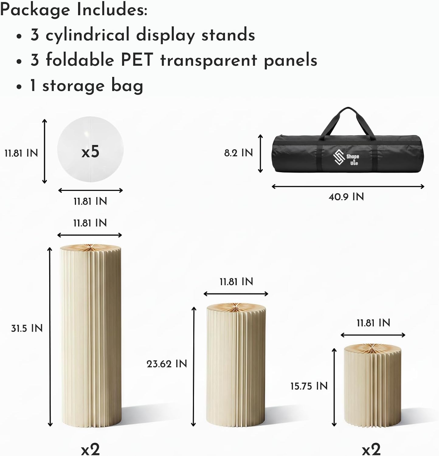 Cylinder Stands for Party, Shape&Use 5PCS Round Cream White Pedestal Display Stands, Foldable Cardboard Columns for Wedding, Birthday, Anniversary Decor, 11.8in Dia. (15.7*2/23.6/31.5*2in H) with Storage Bag
