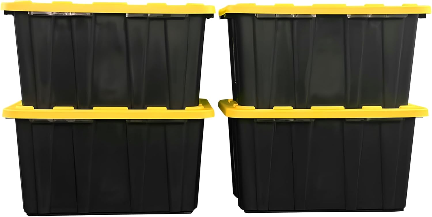 BLACK & YELLOW 27-Gallon Storage Bin with Snap-on Lid, Heavy Duty Plastic Storage Bins with Lid, Stackable, 4 Pack