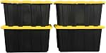 BLACK & YELLOW 27-Gallon Storage Bin with Snap-on Lid, Heavy Duty Plastic Storage Bins with Lid, Stackable, 4 Pack