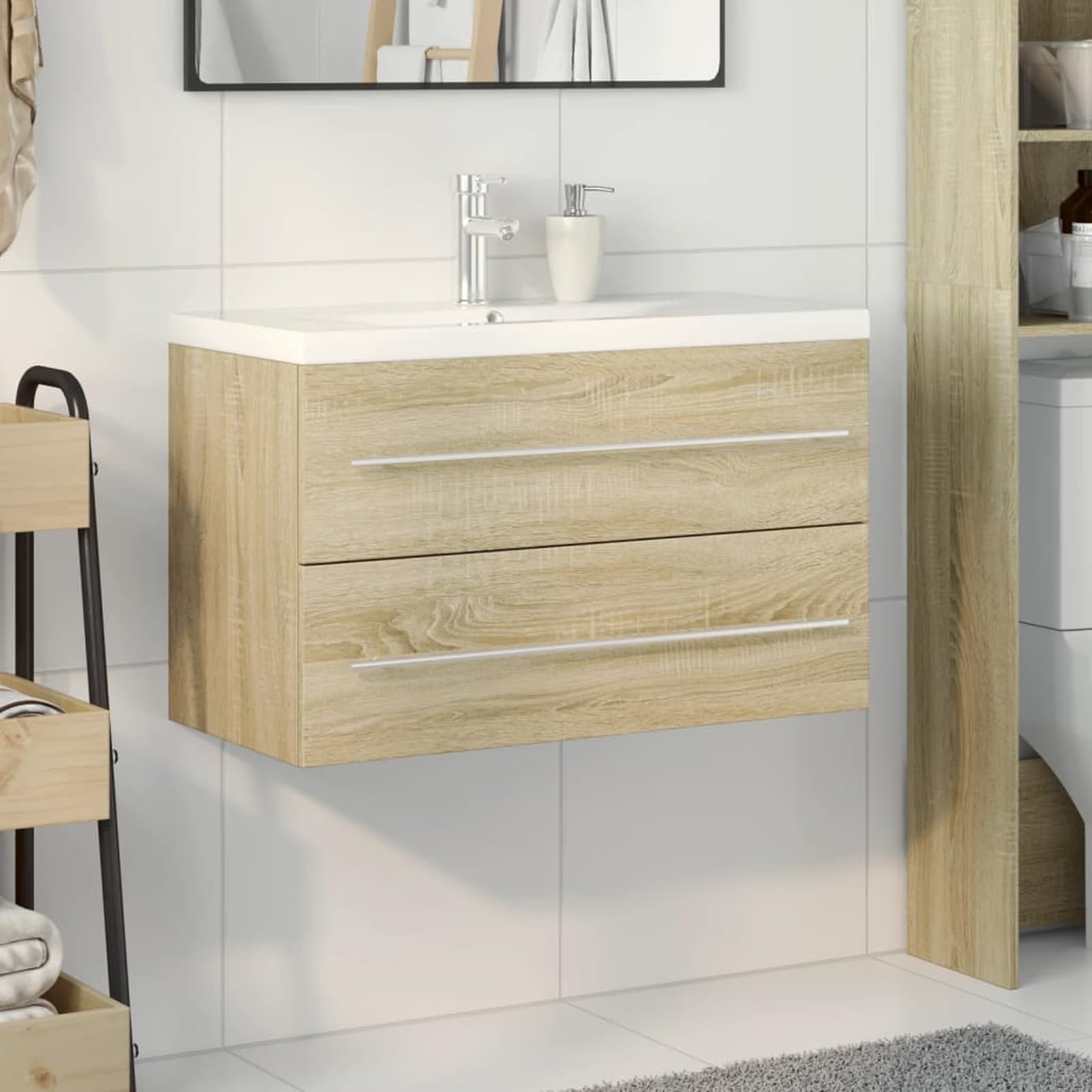 Zestaw mebli łazienkowych dąb Sonoma 80 x 48 cm, umywalka ceramiczna biała | Materiał drewnopochodny, odporny na wilgoć, umywalka ceramiczna, odporna na uderzenia, do montażu na ścianie o nośności 60 kg