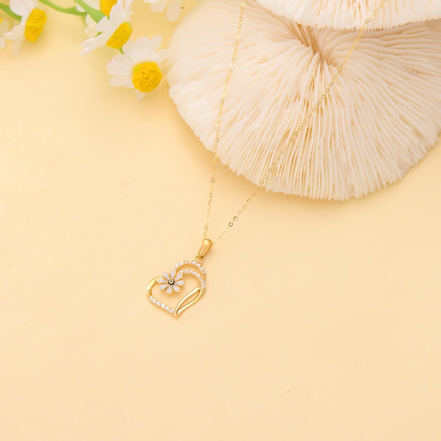 Daisy Pendant Necklace for Women 14K Yellow Gold Daisy Necklace with Double Heart Flower Jewelry Gift for Mom Wife - Image 4