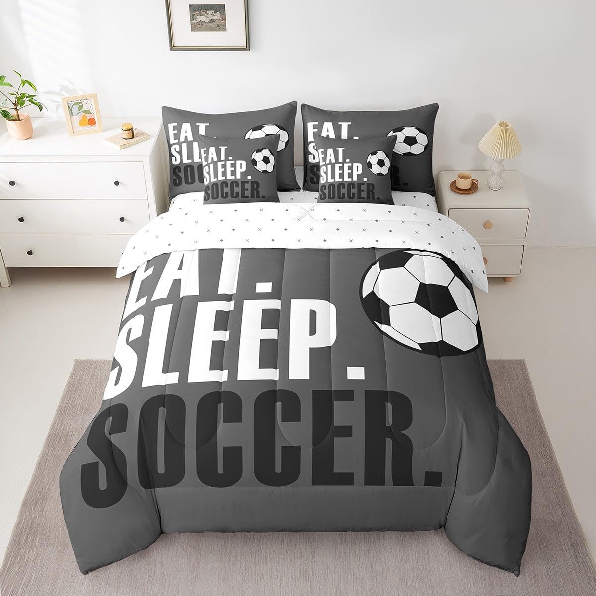 Feelyou Soccer Ball Comforter Set with Sheets Twin Size Grey Football 7 Pieces Bedding Set for Kids Boys Girls Teens Sports Ball Game Bed in a Bag