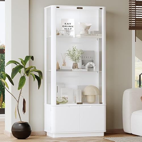Glass Book Shelf, Tall White Bookcase Cabinet with Tempered Glass Doors and Storage Shelves for Bedroom, Display Case with Top Spotlights, Modern Bookshelves and bookcases for Living Room