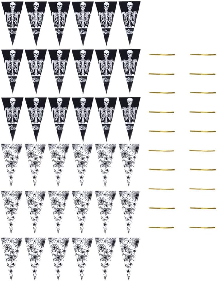 HEALLILY 300pcs Skeleton Cone Bag Halloween Cellophane Bags Treat Candy Bags with 300pcs Gold Twist Ties for Halloween Party Favor