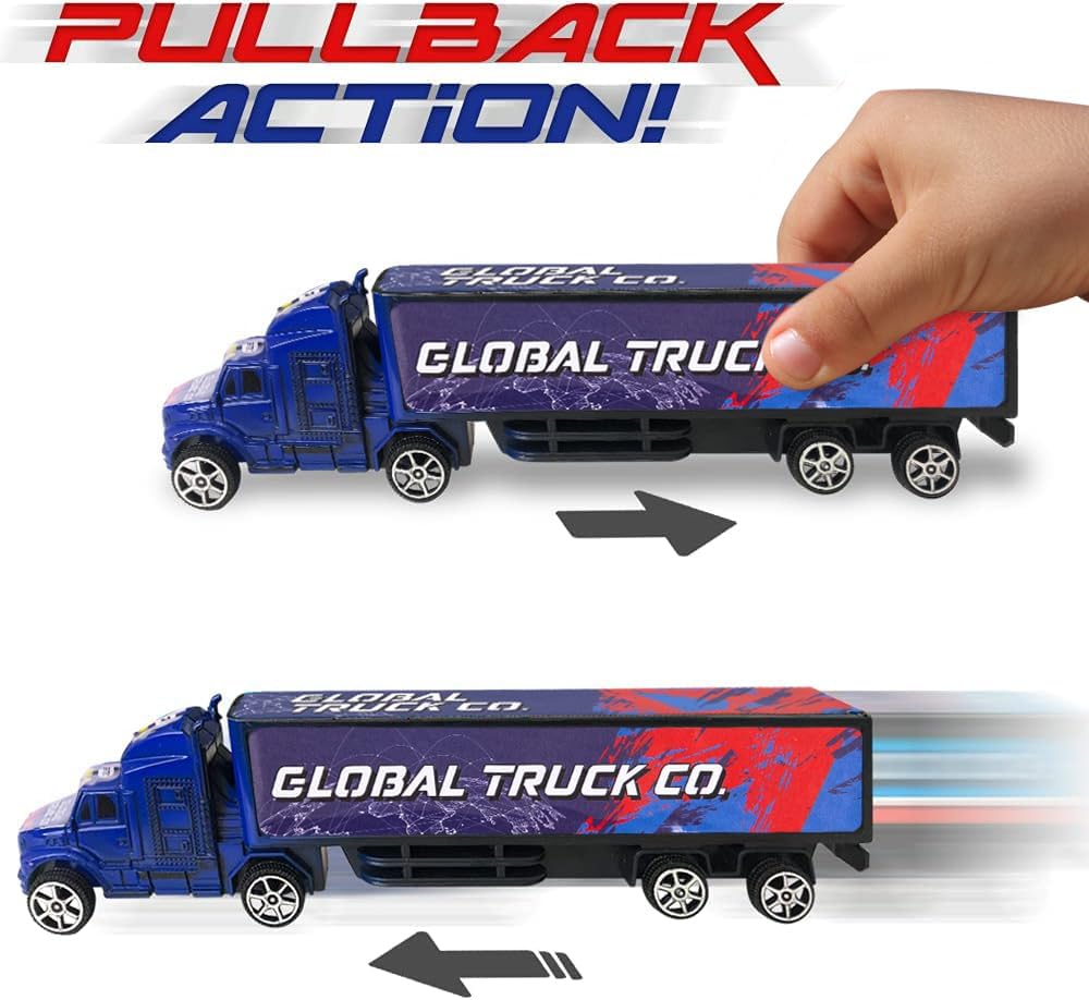 ArtCreativity Semi Truck Toys for Boys, Set of 2, Pull Back Truck Toys for Kids in Red & Blue, Trailer Trucks for Hours of Pretend Play, Unique Toy Car Party Decorations and Boys’ Room Decor