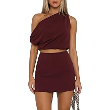 UNCOOYEE Two Piece Skirt Set-Sexy One Shoulder Top High Waisted Mini Skirt
