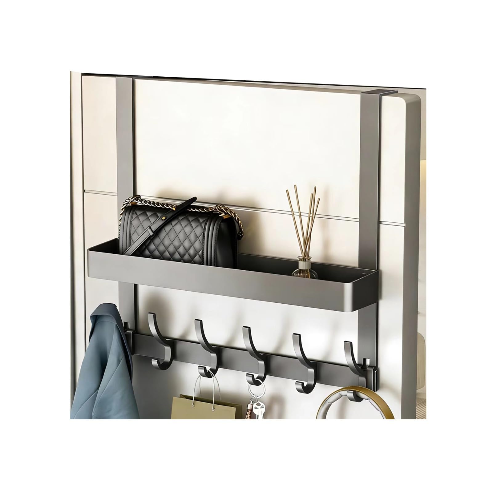 Organizzatore da Appendere alla Porta, Contenitore a Parete per dispensa con Ampio Cestino e 7 Ganci per Bagno, Camera da Letto e Lavanderia.