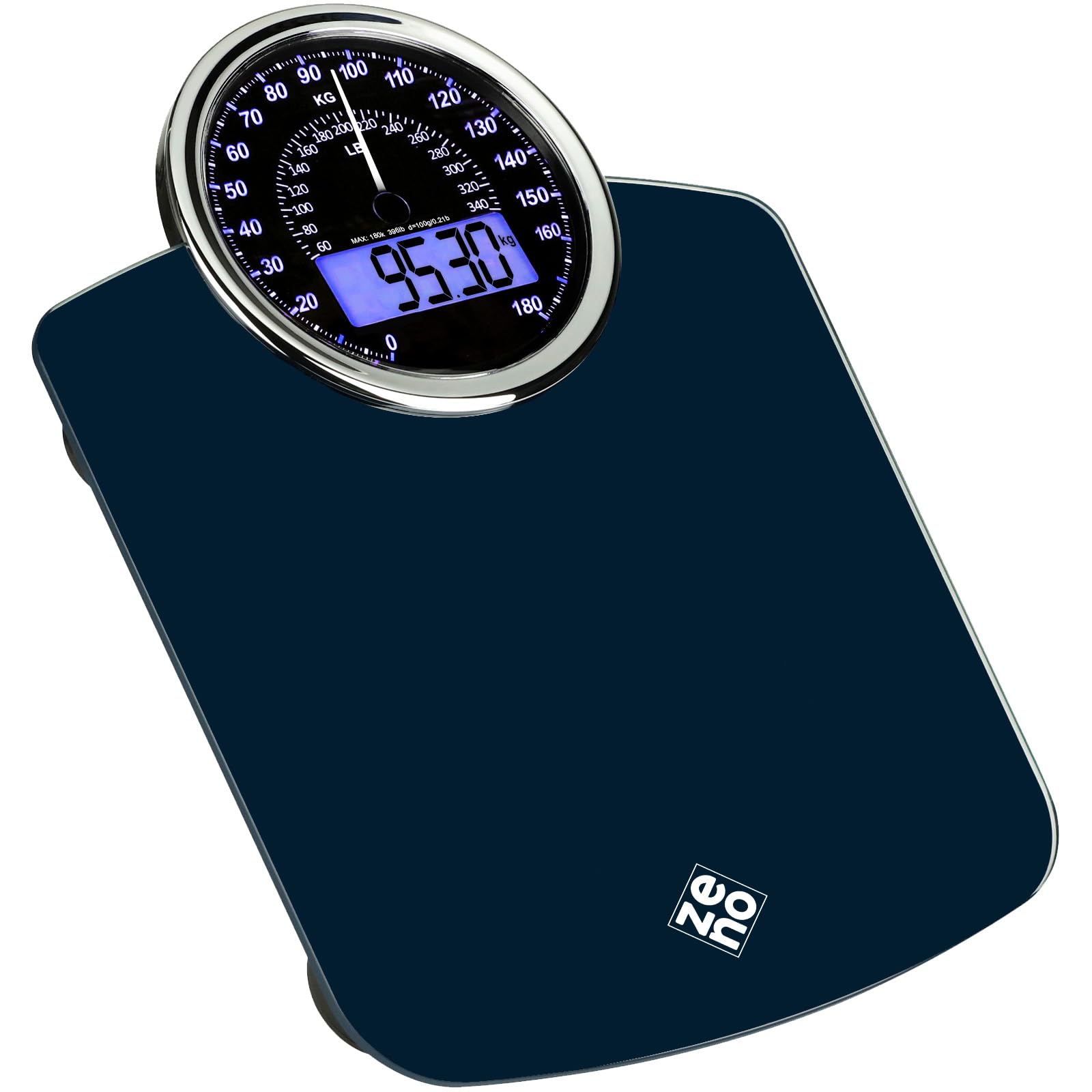 ZENO Pèse-personne Hybride 2-en-1 Digital et Analogique 180 kg Verre trempé Grand écran Bleu foncé