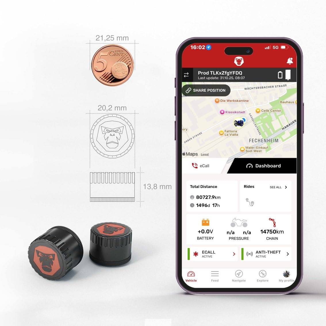 TPMS | Sensores de presión de neumáticos | Temperatura de los neumáticos | Bluetooth 5.0 | Válvula de 3,5" | 8 Gramos por Sensor | App | Navegación | Seguimiento | Planificación de rutas | Especificaciones: Bluetooth: v5.0