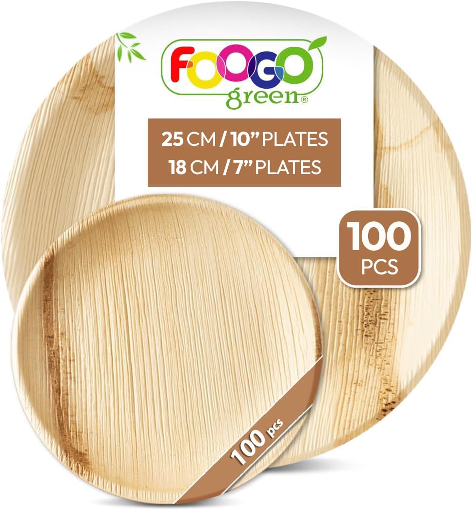 FOOGO Green 200pcs Disposable Palm Leaf Plates, 100x Large Round, 100x Small Plates, Disposable Bamboo, Eco Friendly Biodegradable, Strong Paper Party Wedding, Picnic and Camping
