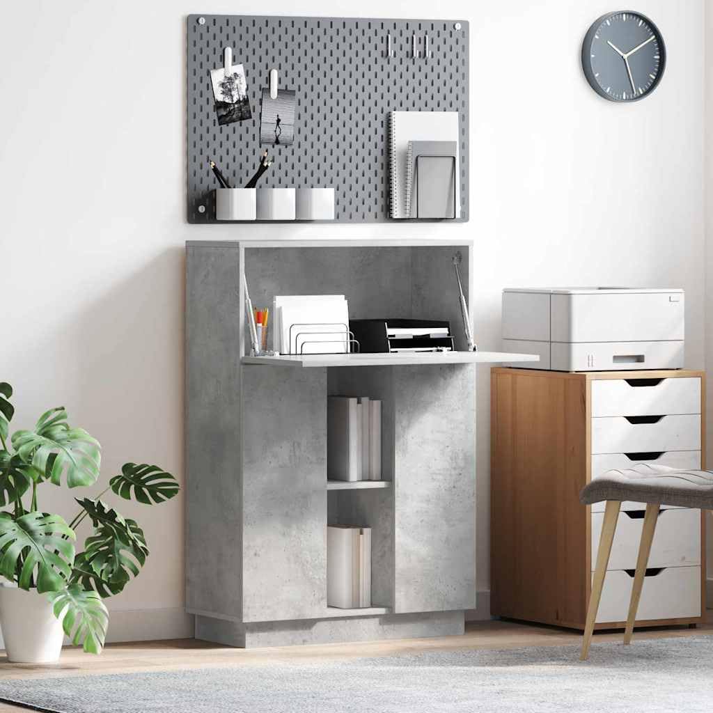 Scrivania Porta PC con Ripiani e Anta 71,5x31,5x106,5 cm Grigio | Mobile scrittoio compatto in legno ingegnerizzato grigio cemento per studio, camera da letto e piccoli spazi.