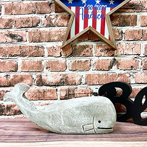 Rustic Wooden Carved Whale Tabletop Statue, Rustic Wooden Decorative Whale Figurine Carving Sculpture, Wooden Whale Nautical Ocean Beach Coastal Themed Home Decor-12''L #TOP6