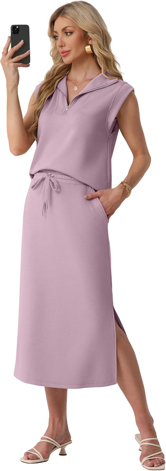 Lepunuo Women Skirt Sets 2 Piece Outfits Casual Half Zip Lapel Cap Sleeve Tops Split Maxi Skirt Airport Travel Outfits - Image 3