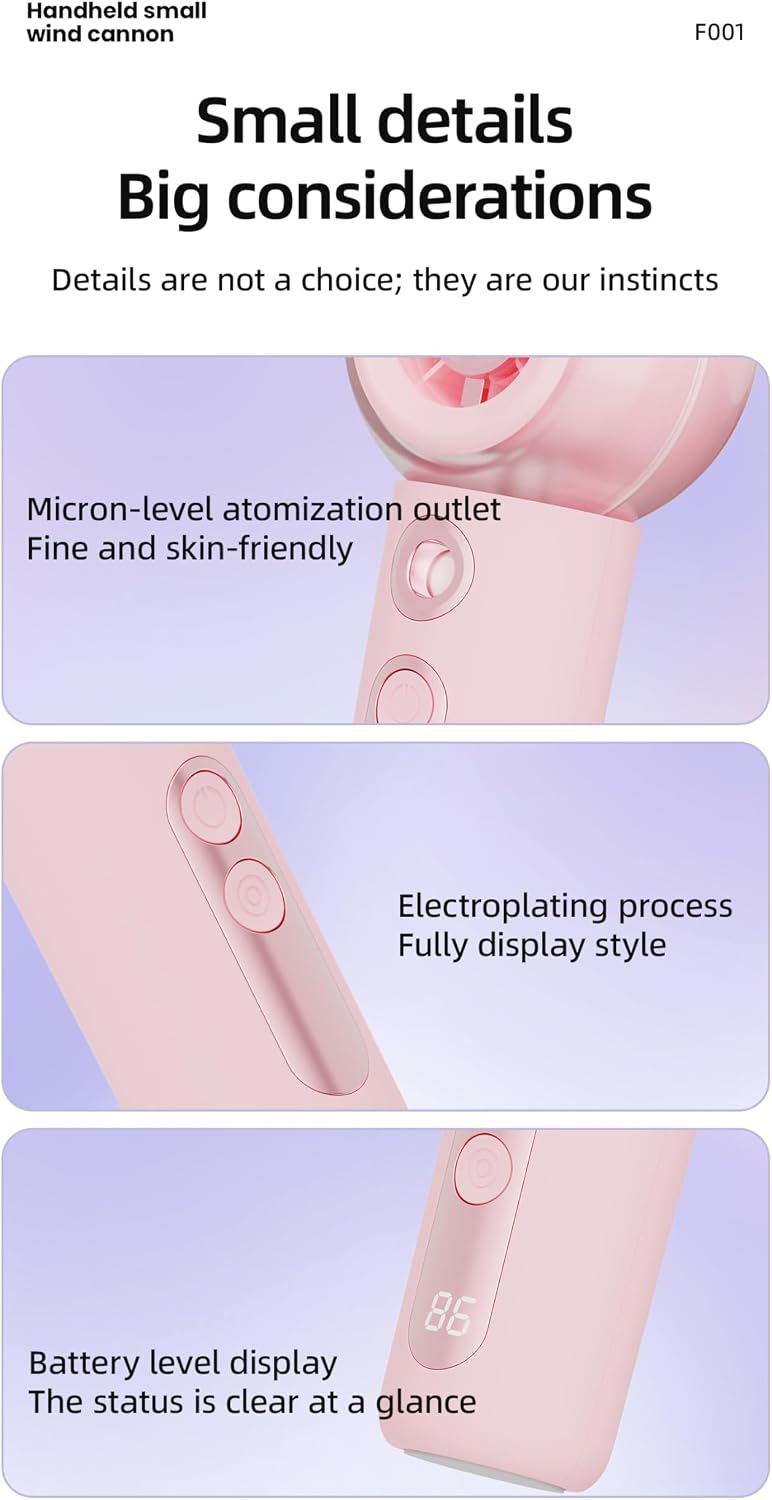 Portable Handheld Misting Fan, Rechargeable Personal Mini Fan with Mist, 4 Speed Turbo Powerful Cooling Fans with Water Spray Tank for Travel, Home, Office, Outdoor, Camping, Beach (Pink)