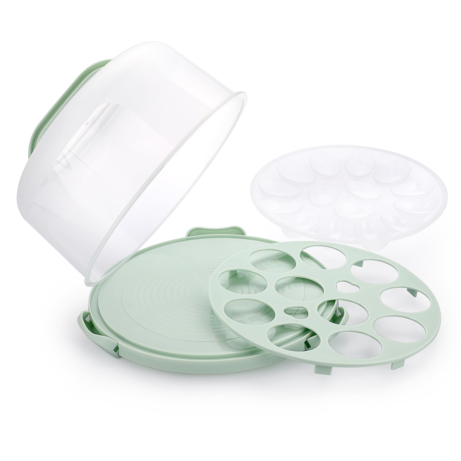 SUMNACON Plastic Cake Holder with Cover and Handle, 10 Inch Round Cake Carrier Cake Storage Container Cupcake Box with Egg Containers Egg Tray for Cake Cupcake Muffin Pie Storage and Transport (Green)