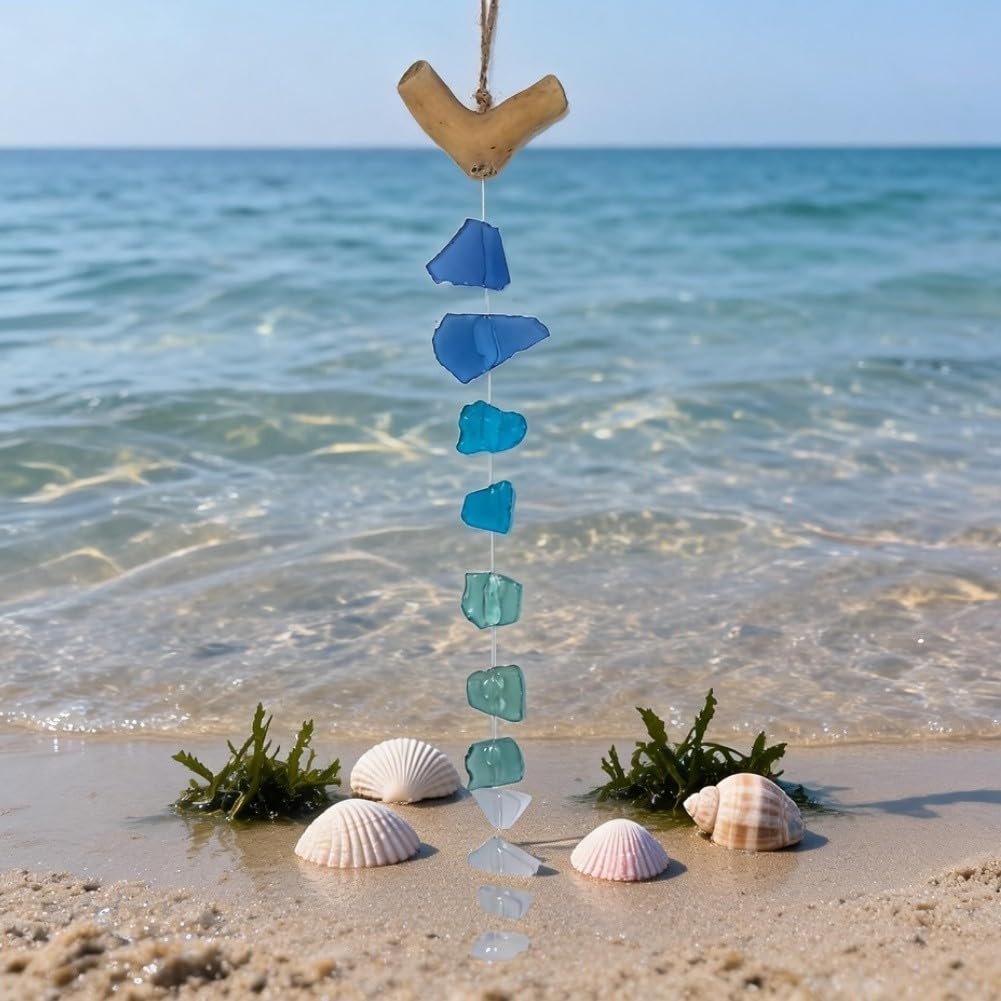 Scacciapensieri in vetro marino, realizzato a mano, in stile bohémien, decorazione rilassante melodico per giardino, patio, spiaggia, casa, 40 cm (A+B+C+D)