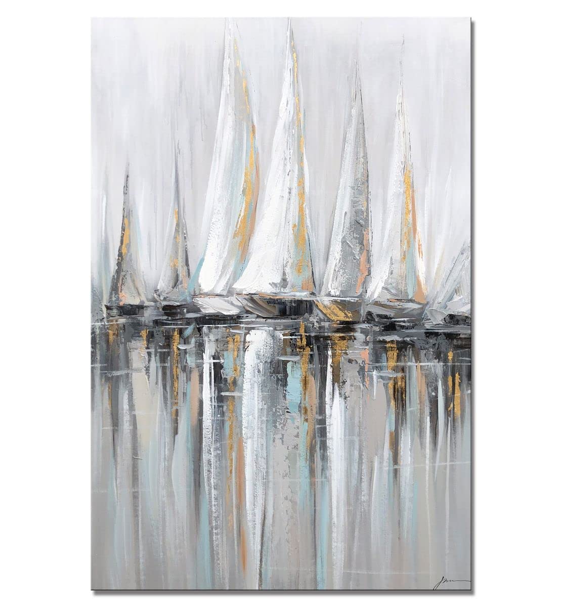 Yihui Arts Sailing Boat Canvas Wall Art with Textured Coastal Oil