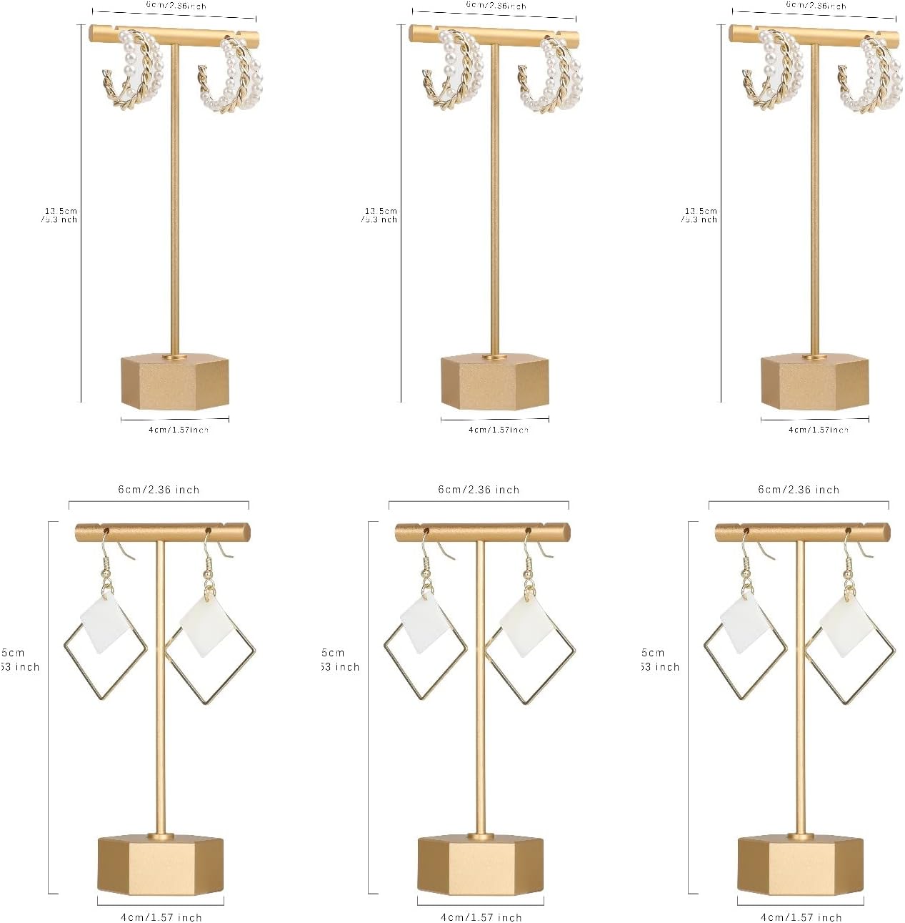 GemeShou 6pcs Gold Earring display T bar stand for selling, Metal Jewelry earring holder, Small Earring Display Holder, Cute Jewelry photography props for Show【Gold-Square Base 6pcs】