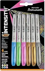Pincel Marcador Permanente BIC Marking, Metálico, 6 Cores, Ponta Média de 1.1mm, c/ Grip Emborrachado, 971035