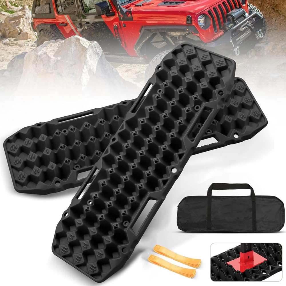 SYOSI Off-Road Board, Anti Sinking Plate Traction Boards with Jack Base, 1 Pair Recovery Tracks 4X4 car Truck Tire Traction Mat with Bag -Sand, Mud, Snow Ladder Ramps (Black)