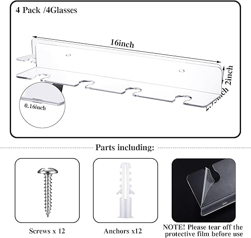 Miniatura 8 de 4 soportes acrílicos para copas de vino, color champán, soporte de pared montado en la pared, estante para copas de vino debajo del gabinete,