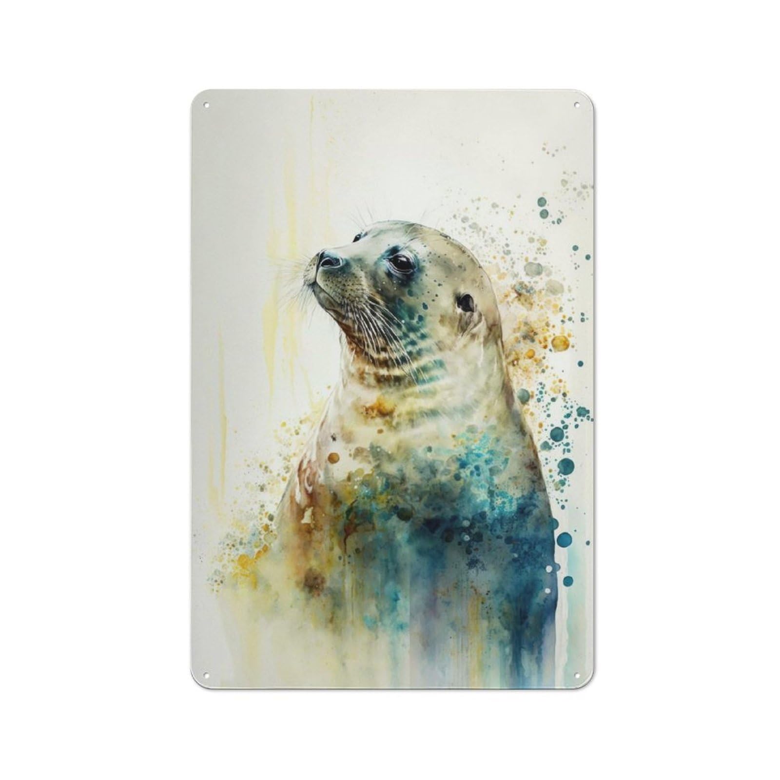 Junmoney Sleek Seal Watercolor Vintage Metal Wall Decor 30X20cm, Garage Metal Sign For Workshop, Basement, Shed Or Games Room