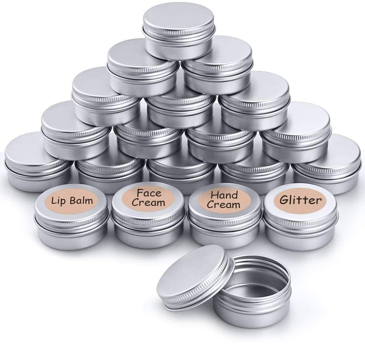 – Khazna Cosmetic Jars With Lids 20pcs Empty Cosmetics Container Pots Aluminium Tin Jars with Screw Lids Labels, Sample Powder Makeup Storage (20ml)