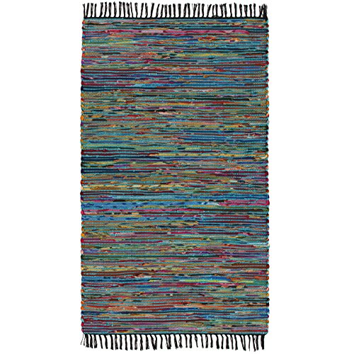 Tapete feito à mão, de algodão reciclado e forro polar, produto de comércio justo, 90 x 150 cm, cor turquesa