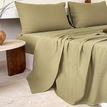 NSNLGSGC 100% Muslin Cotton Sheet Set Full Size, 2-Layer Washed Cotton Gauze Linen Feel Like Bed Sheets, 4-Pieces Bed Blanket Sheet Set with Deep PocketSage Green,Full