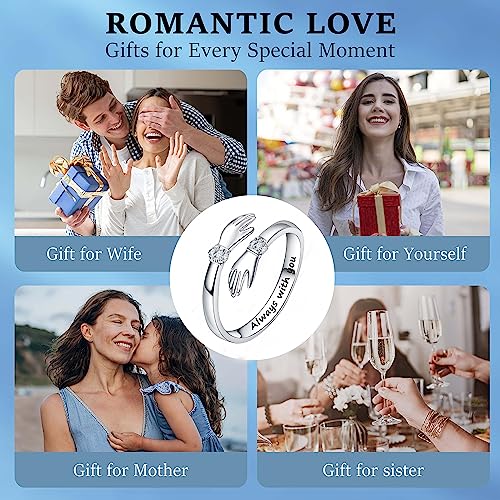 2Pcs Always with You 925 Silver Hug Ring for Women Teen Girls, Adjustable Ring Jewelry Promise Ring, Best Birthday Gift Christmas Gift4