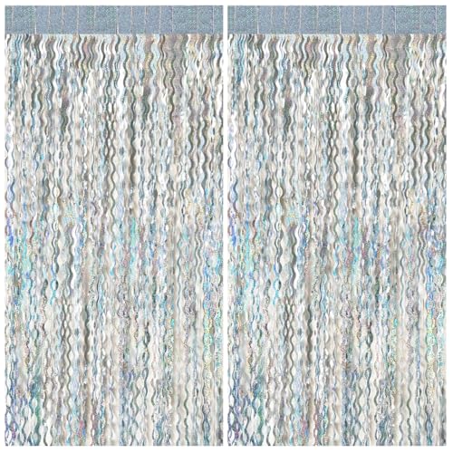 2 Pack Silver Backdrop Curtain Tinsel Streamers Sparkle Metallic Wavy Foil Fringe Photo Booth Props...