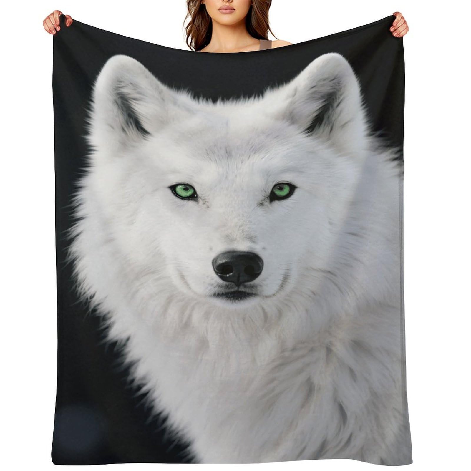 Cool White Wolf with Green Eyes Throw Blanket for Couch and Bed Super Soft Warm Lightweight Throw Blankets Cozy Fuzzy Flannel Blanket Personalized Decorative Blankets for Sofa Decor 30"x40"