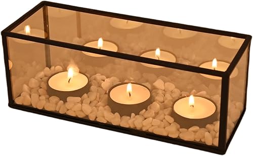 Miniatura 7 de Portavelas con marco de vidrio de metal negro con 3 bases redondas de candelitas, caja larga de cristal para candelitas, caja de centro de mesa, 8.5