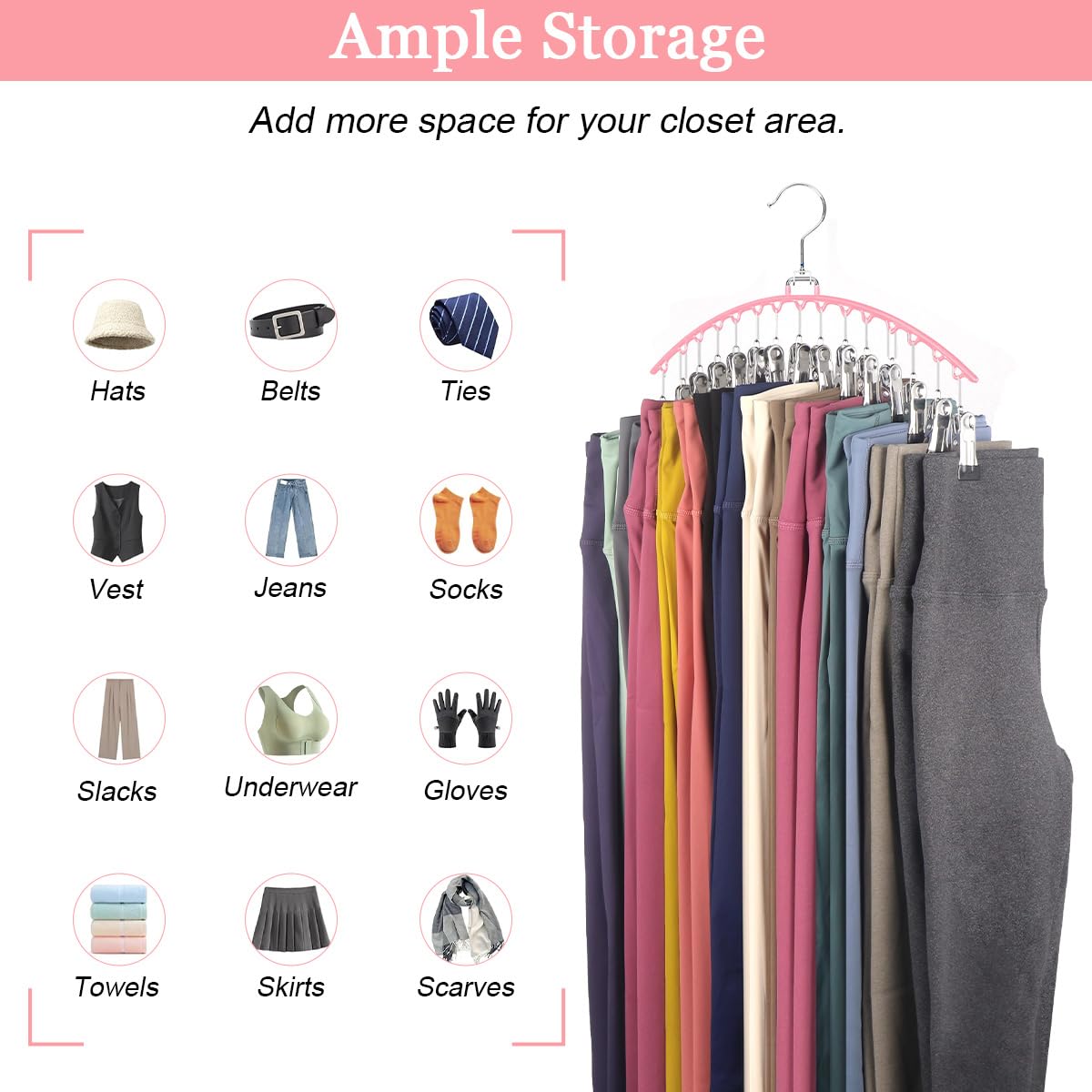 Juego de 3 clips de armario para leggings y pantalones de yoga con revestimiento de goma con 15 clips, solución de almacenamiento que ahorra espacio para una gestión eficiente del armario